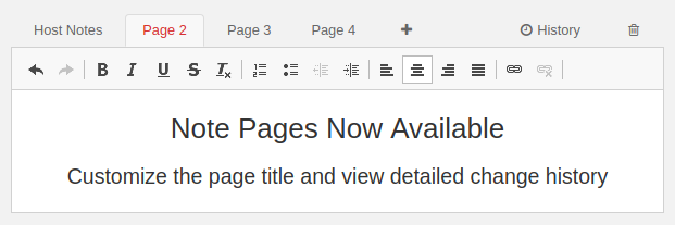 PenTest.WS note editor with Host Notes and custom page tabs, a rich text toolbar and a History button