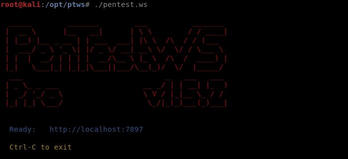 PenTest.WS Pro starting in a Kali Linux terminal with an ASCII art banner, ready on localhost:7897