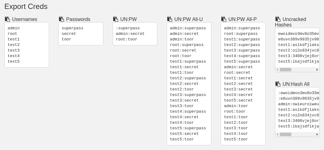 Export Creds panels listing usernames, passwords, username:password permutations and uncracked hashes