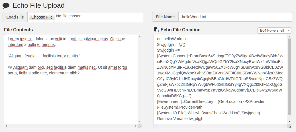 Echo Up tool converting a text file into Base64 PowerShell commands that recreate it on a remote host
