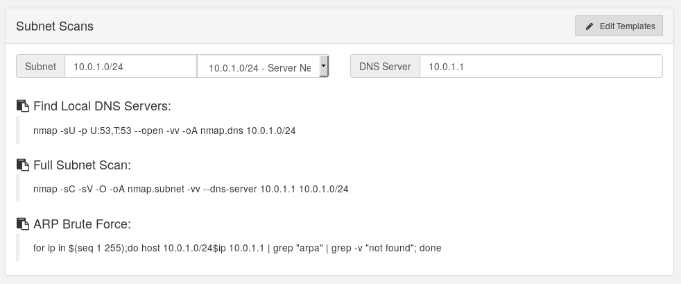 Subnet Scans panel generating Nmap DNS, full subnet and ARP brute force commands for a selected subnet