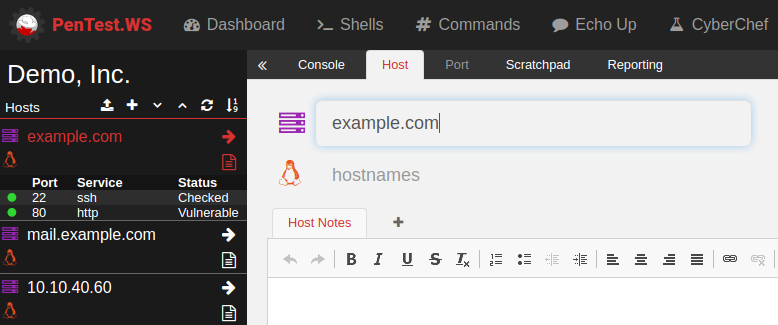 Host list with example.com and mail.example.com as separate hosts alongside an IP address host