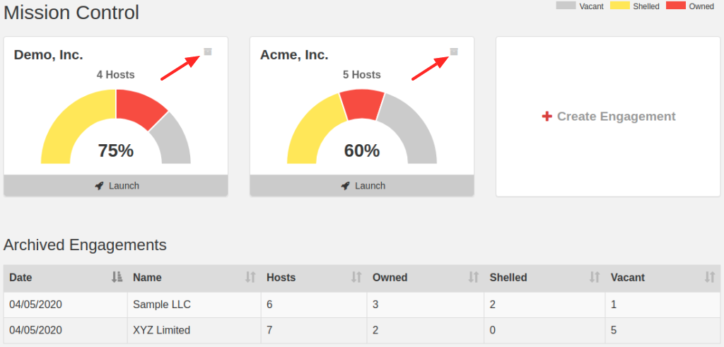 Mission Control engagement cards with Archive buttons highlighted above an Archived Engagements table