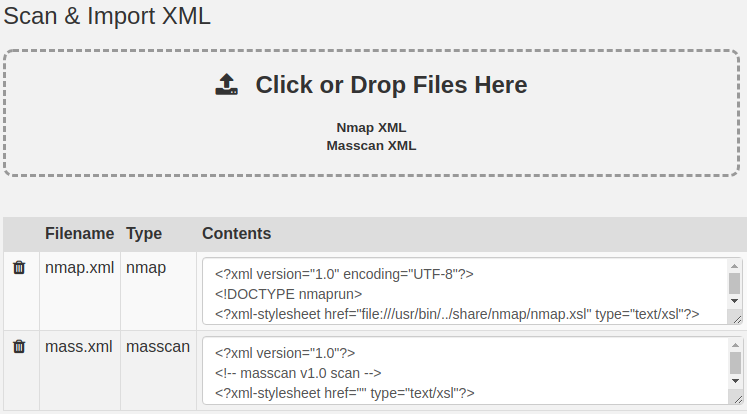 Scan and Import XML drop zone with an Nmap file and a Masscan file queued for import