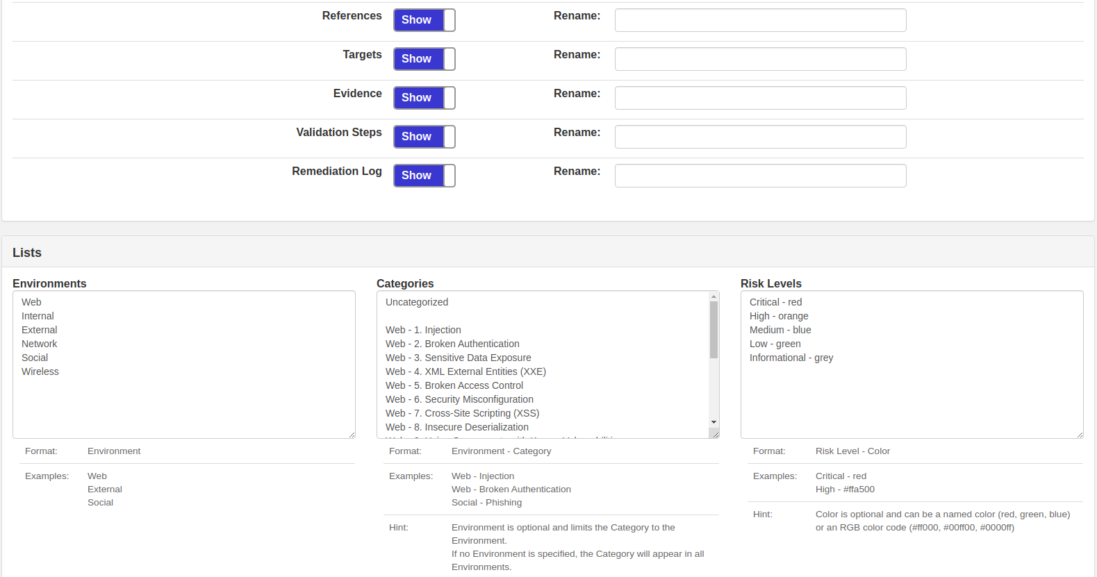 Findings Admin with show and rename toggles per field and editable environments, categories and risk level colors