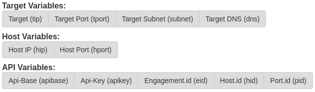 Command template variables grouped as Target, Host and API variables, including apikey and eid