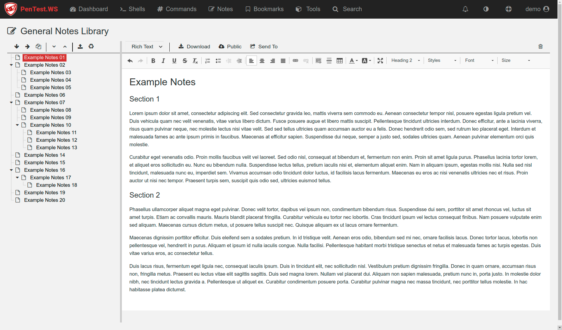General Notes Library with a nested notes file tree beside a rich text editor with download and public options