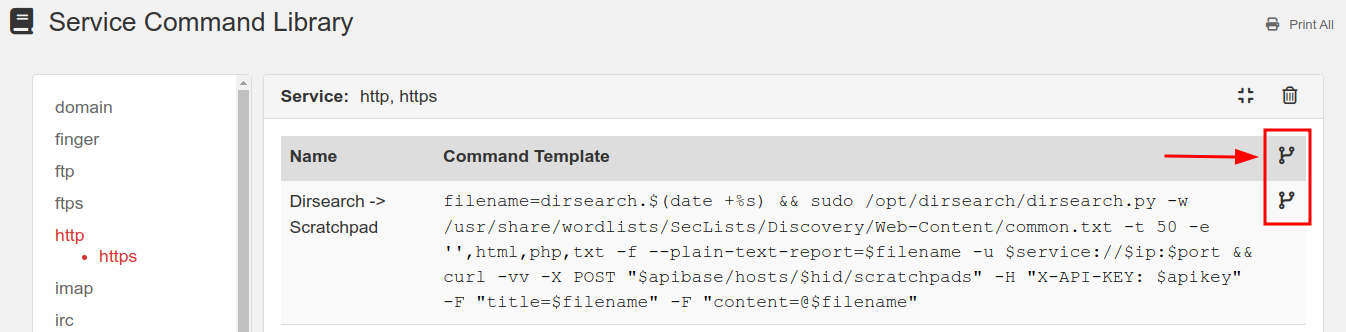 Service Command Library http commands with the submit to Community Repo icons highlighted