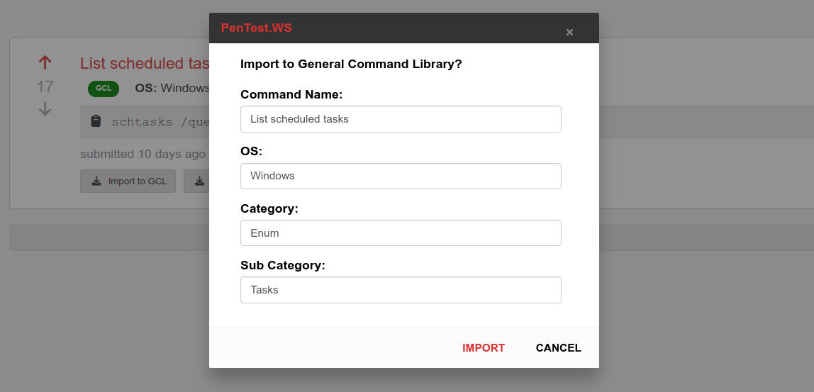 Import to General Command Library dialog with editable command name, OS, category, and sub category fields