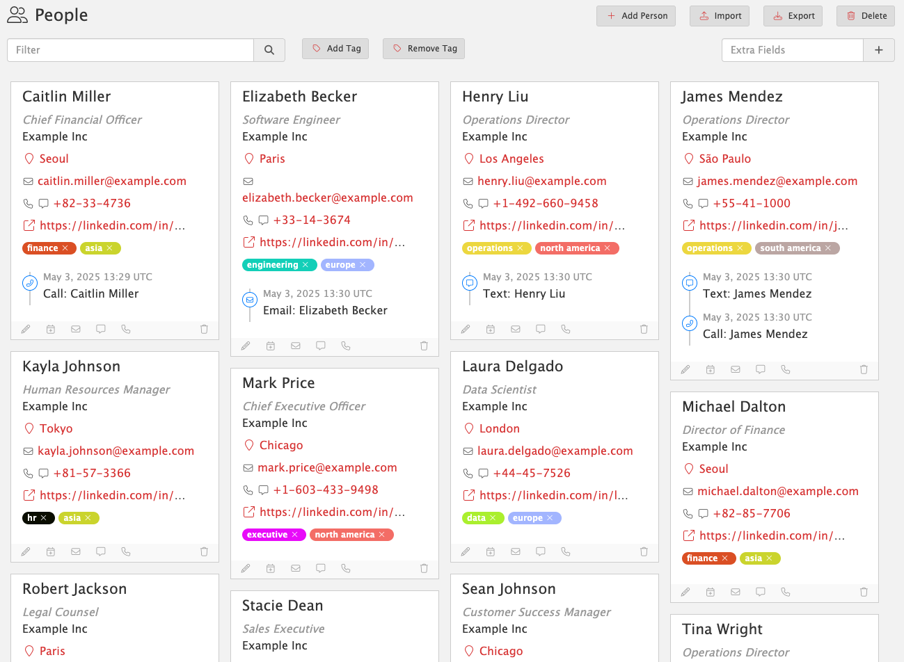 People Hacking cards for social engineering targets with roles, locations, contact details, tags, and logged calls and texts