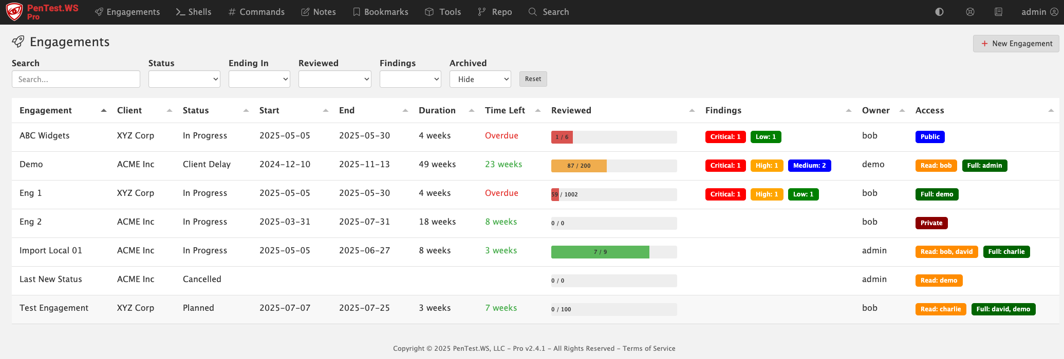 Pro Tier Engagements screen listing status, start and end dates, time left, review progress, findings by risk, and access