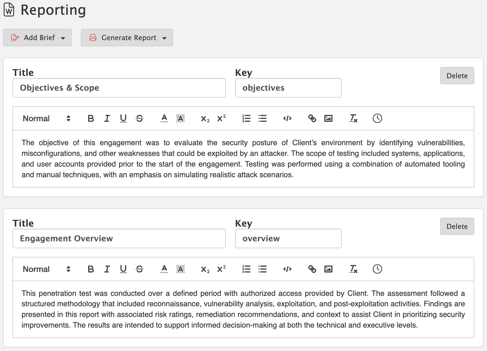Reporting screen with editable Objectives and Scope and Engagement Overview briefs, plus Add Brief and Generate Report