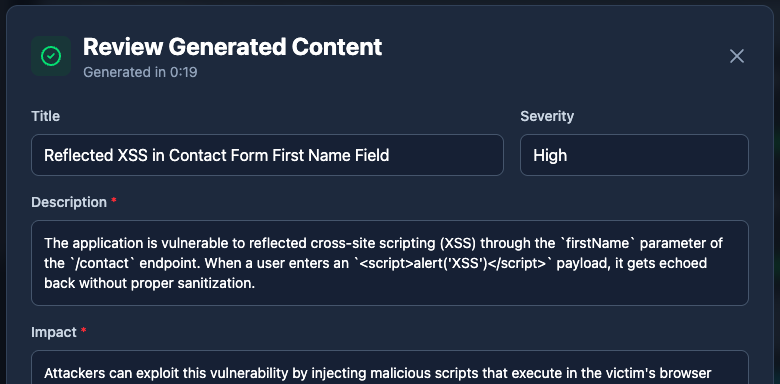 Neuron AI reporting assistant generating title, severity, description, and impact for a reflected XSS finding