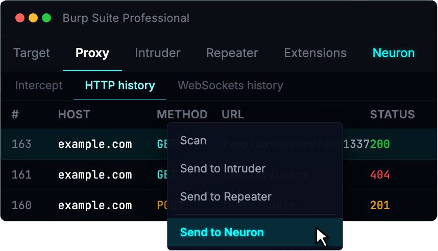 Burp Suite Proxy HTTP history context menu with the Neuron extension's Send to Neuron option