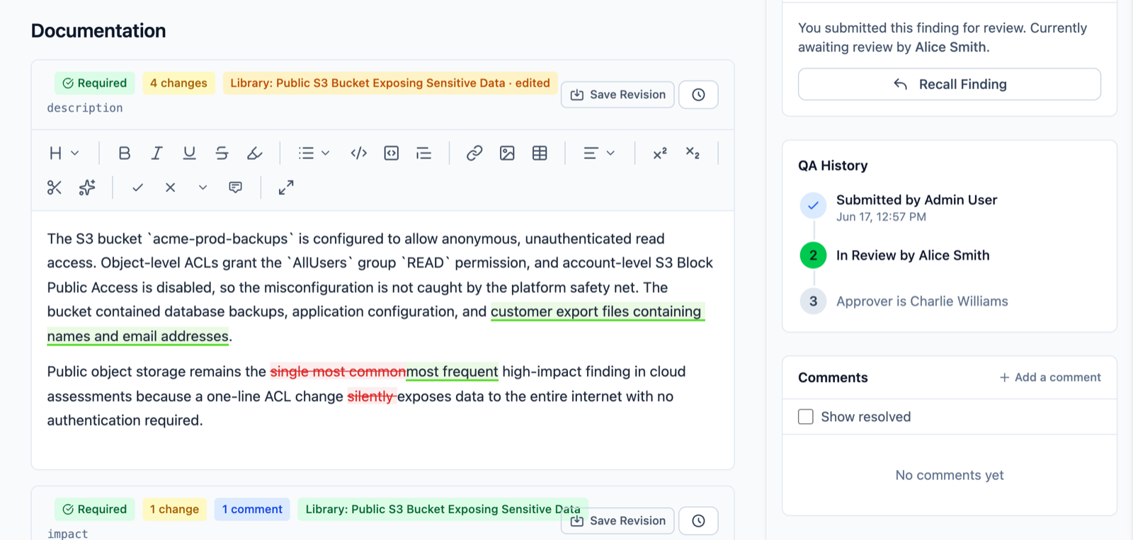 Neuron finding in review with tracked insertions and deletions in the description, a change count badge, and the QA History panel showing the reviewer and approver
