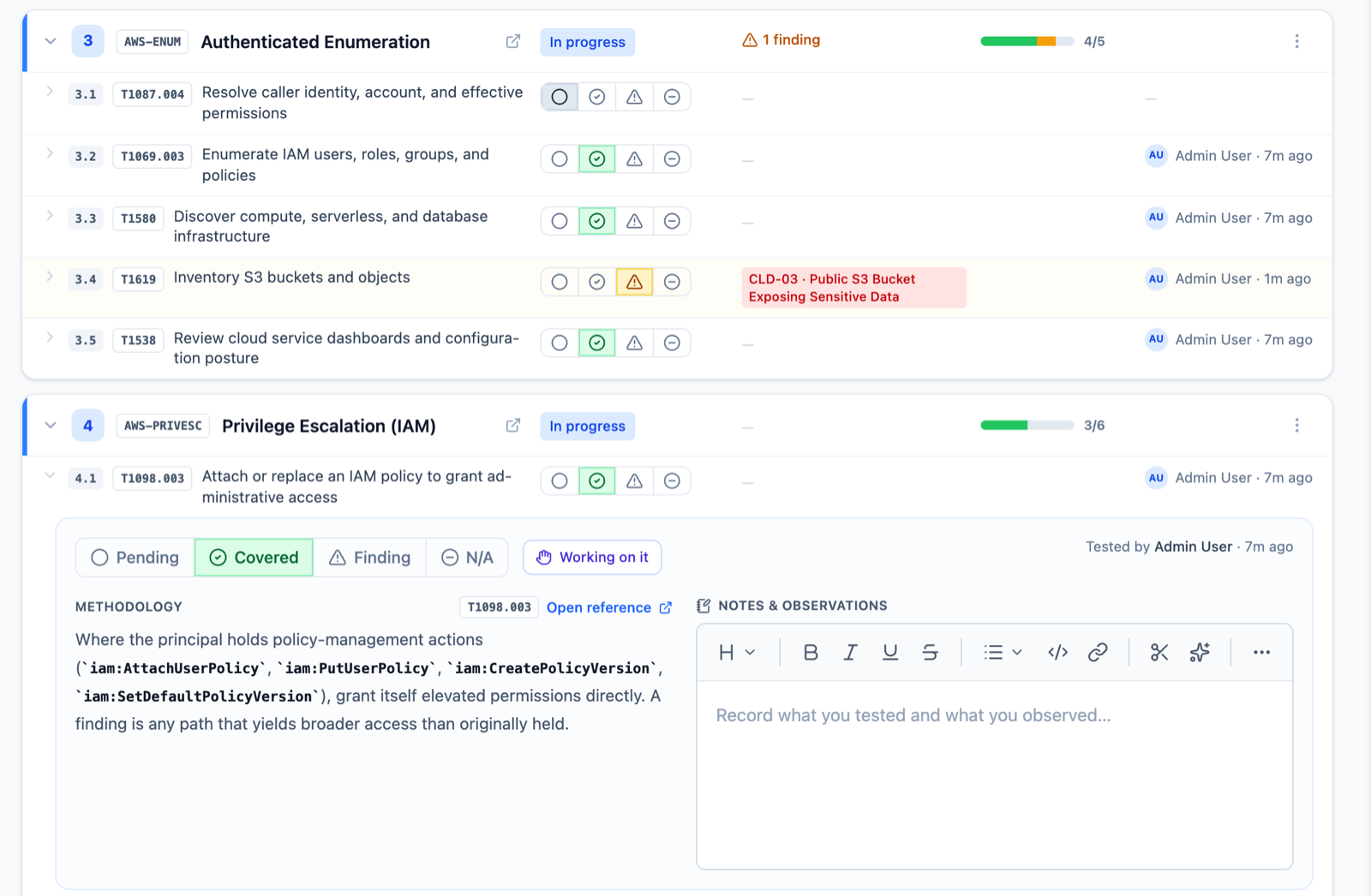Neuron playbook run steps with Pending, Covered, Finding and N/A status buttons, a step linked to a finding, and an open work panel showing methodology, an ATT&CK reference and a notes editor