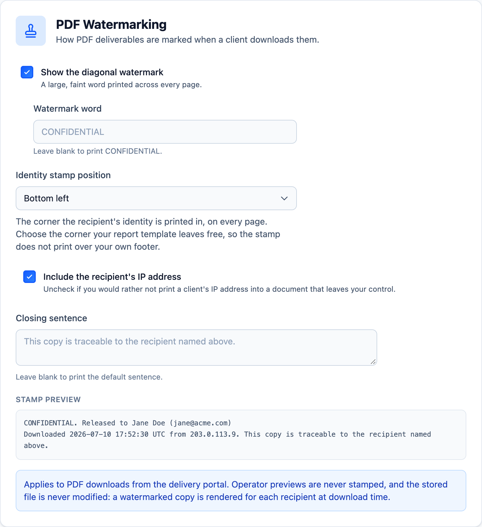 Neuron PDF Watermarking settings with a diagonal CONFIDENTIAL watermark, identity stamp position, optional IP address, closing sentence and a live stamp preview