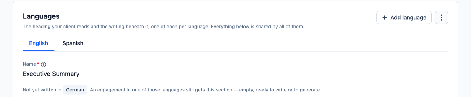 Neuron Executive Summary reporting brief with English and Spanish language tabs, an Add language button, and a note that the brief is not yet written in German